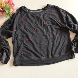 Sundry Valentines Day Gray Heart Patches Ruched Long Sleeve Sweatshirt